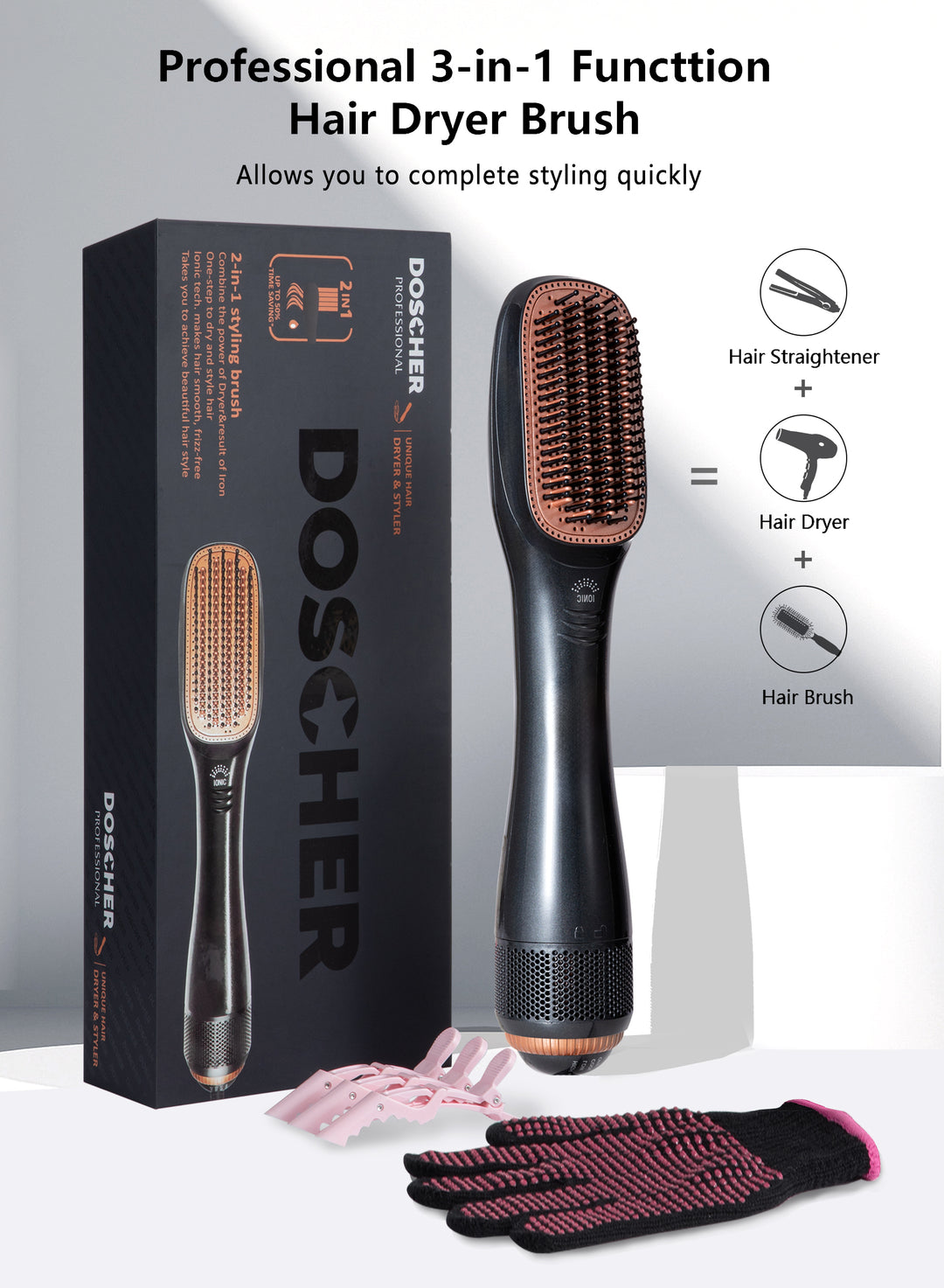 Doscher 2-in-1 Hot Air Brush – Ceramic Hair Styler with Luxury Gift Packaging