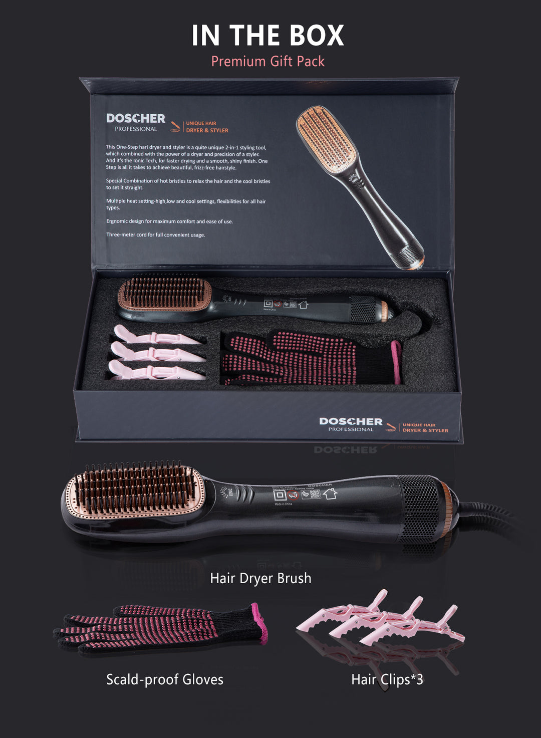 Doscher 2-in-1 Hot Air Brush – Ceramic Hair Styler with Luxury Gift Packaging
